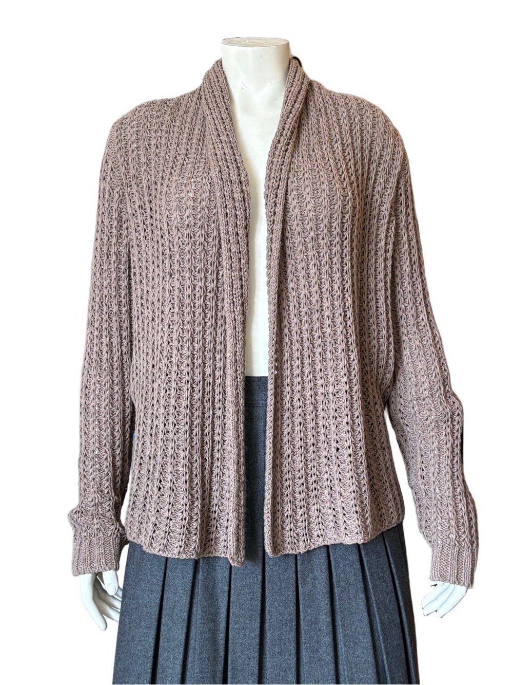 REPEAT Textured Knit Open-Front Cardigan – Taupe Brown, Cotton/Linen Blend Sz M